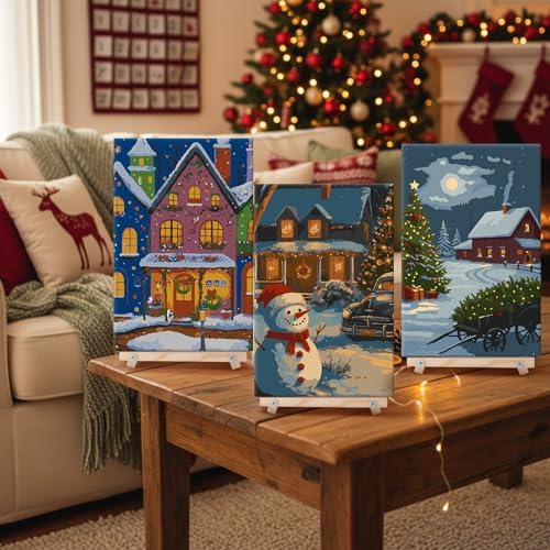 YooNotee 6 Pcs Winter Wonderland Paint by Numbers Kit for Adults 12x8 Inch Christmas Themed Canvas with Easel, DIY Oil Painting for Beginners, Home Wall Decor