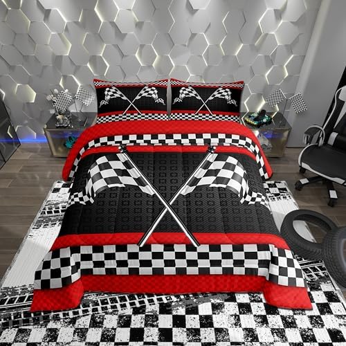 Castle Fairy Race Car Themed Comforter Set Twin Size,Black White Checkered Flag Print Bedding Set for Kids Boys Men,Red Stripes Geometric Grid Plaid Quilted Duvet Set with 1 Pillowcase