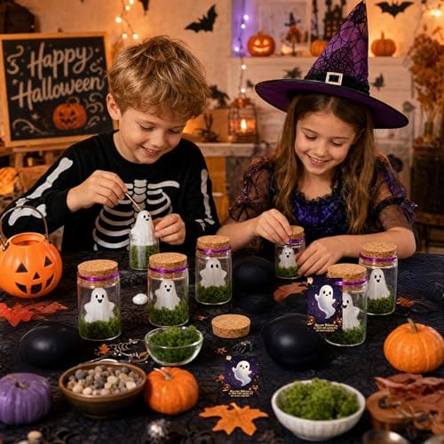 20PCS Halloween Ghost Wish Bottles Kit, Glow in The Dark Mini Ghost Jar Decorations with Decorative Moss, Cards, Tweezers & Twist Ties, Cute Spooky Party Favors and Halloween Gifts