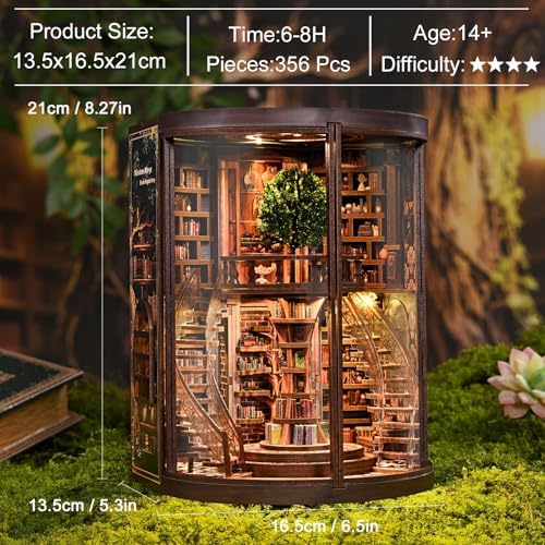 Cylinder 2-Story Book Nook Kit with Spiral Staircase, Open-Front Miniature Library, Wooden DIY Bookshelf Insert for Creative Adults & Home Décor