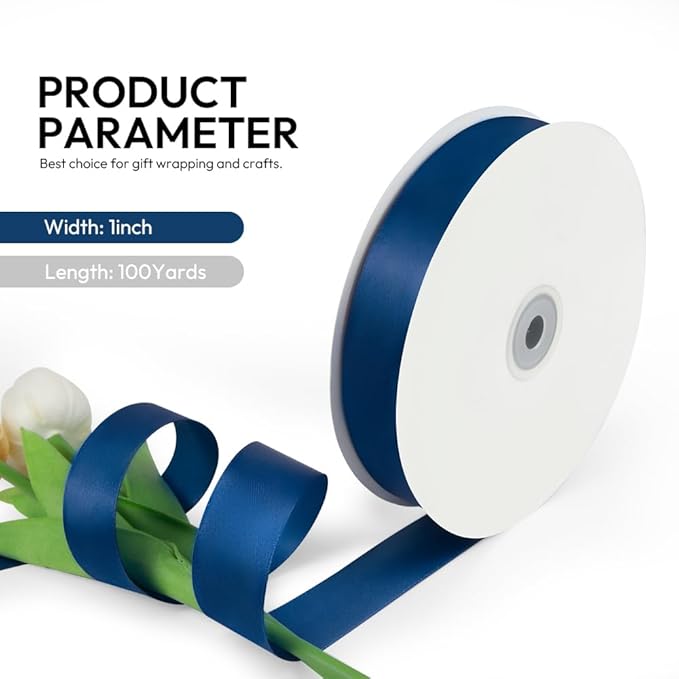 1 Inch 100 Yards Satin Ribbon Dark Blue, Solid Color Fabric Ribbon - Image 2