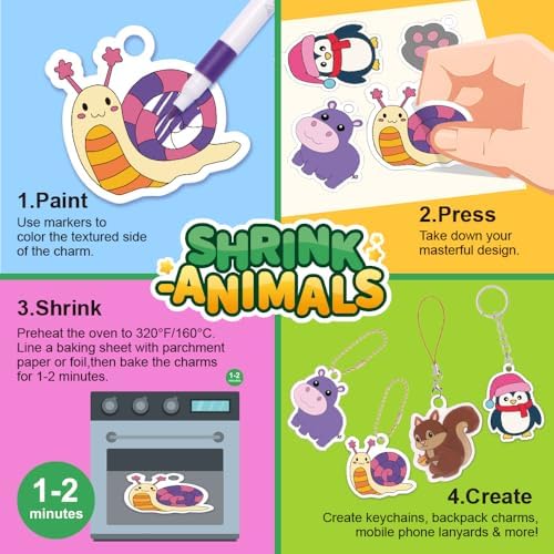 Yrinfay DIY Animals Shrinking Plastic Art Kit - 42 Pre-Cut Shapes, 12 Markers & Accessories - Make Charms, Keychains & Tags - No-Mess Craft for Kids - Birthday Gift with Shrinking Plastic Sheets