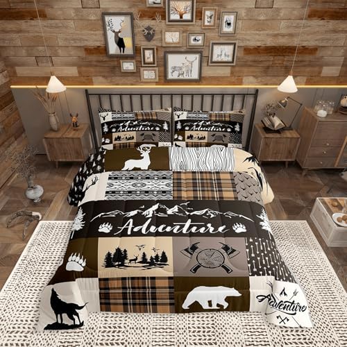 Castle Fairy Hunting Adventure Comforter Set Queen Size,Deer Bear Wolf Rustic Farmhouse Bedding Set for Women Adult,Exotic Aztec Boho Tribal Brown Check Luxury Bed Duvet Insert, 2 Pillowcases