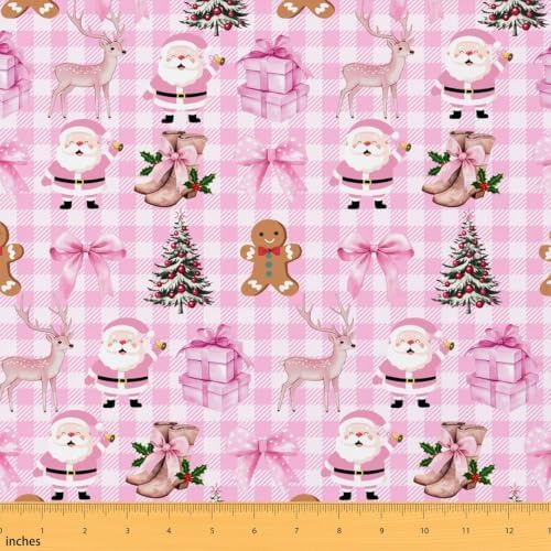 Princess Bow Upholstery Fabric for Chairs | Pink Buffalo Plaid Christmas Decorations Santa Claus Outdoor Fabric by The Yard 181"x63", Cute Xmas Gingerbread Man Christmas Tree Landscape Fabric