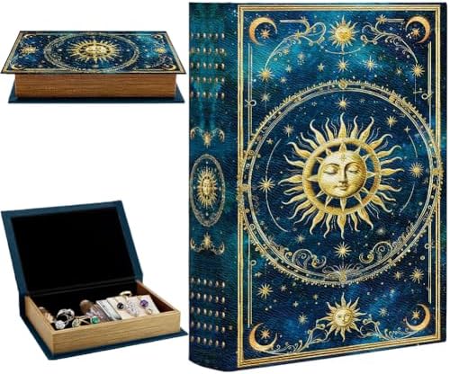 Vintage Book Trinket Box 9.1 x 5.9 x 2 Inch Faux Book Boxes Tarot Sun Relievo Pattern Decorative Storage Organizers for Jewelry Trinket Wedding Keepsake Photos Home Bookshelf Decoration