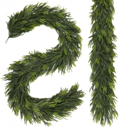 N&T NIETING 2 PCS Christmas Garland Norfolk Pine Garland Real Touch Faux Christmas Greenery Xmas Garland for Mantle, Table Holiday Winter Indoor Outdoor Christmas Decorations (9 FT)