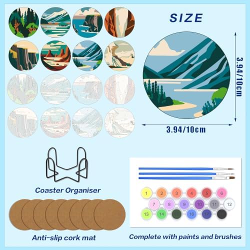 8 Pack Mountain Paint by Numbers Kits Coasters with Holder Cork Pads