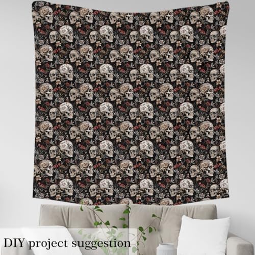 Feelyou Kids Sugar Skull Fabric By The Yard 3 Yards Gothic Skeleton Upholstery Fabric for Chairs Red Flroal Decorative Soft Flannel Botanical Leaf Pattern Grey