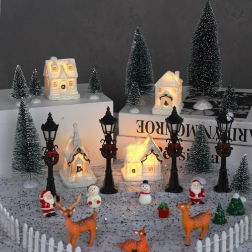 38 PCS Christmas Village Sets Christmas Figurine Village Houses Accessories White Winter Miniature Town Snow Scene Tabletop Decor with Santa Snowman Deer Street Light Pine Trees for Xmas Home Decor