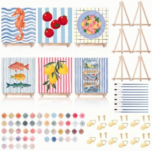 YooNotee 6 Pack Paint by Numbers Kit, 8x8 DIY Canvas with Easel Fish