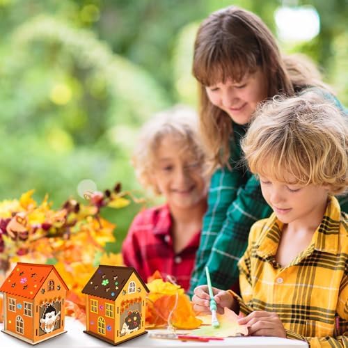 Fennoral 14 Pack Wooden Fall House Craft for Kids Make You Own Fall Animals House DIY Paint Fall Art and Craft for Autumn Art Projiect Thanksgiving Party Decoration