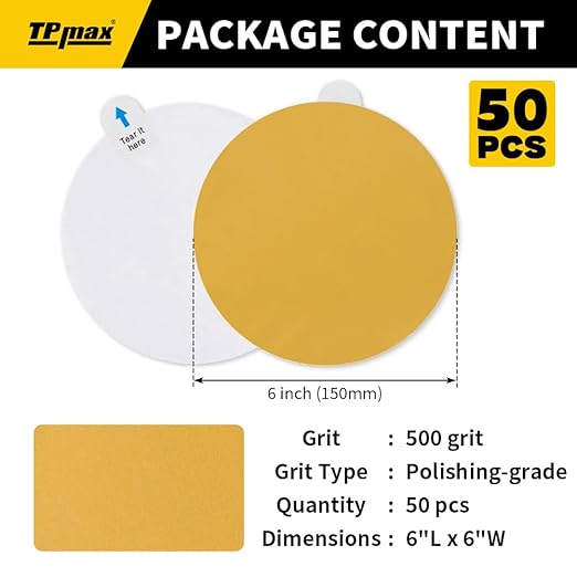 6-Inch 500-Grit Gold PSA Sanding Discs, 50 Pack – Pro-Grade Self-Adhesive - Image 2