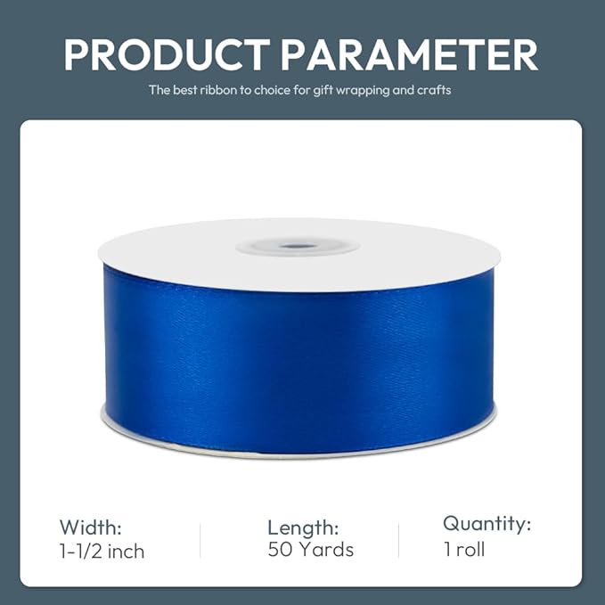 KMER LIFE 1-1/2" Wide x 50 Yards Single Faced Polyester Satin Ribbon, Royal - Image 2