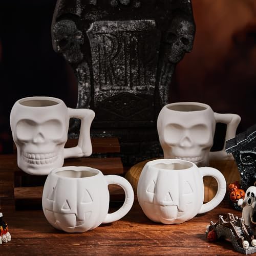 LOYIM Set of 4 Halloween Ceramic to Paint, Pumpkin Skeleton Painting Mug