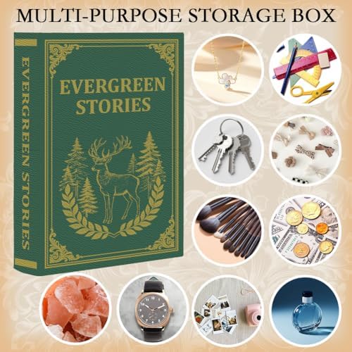 Vintage Book Trinket Box 9.1 x 5.9 x 2 Inch Faux Book Boxes Green Deer Pattern Decorative Storage Organizers for Jewelry Trinket Wedding Keepsake Photos Home Office Bookshelf Decoration