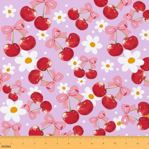Red Cherry Bow Upholstery Fabric for Chairs | Pink Bow Tie Outdoor Fabric by The Yard 109"x63", Daisy Flowers Rustic Dreamy Princess Style Ribbon Bowknot Waterproof Fabric,Purple