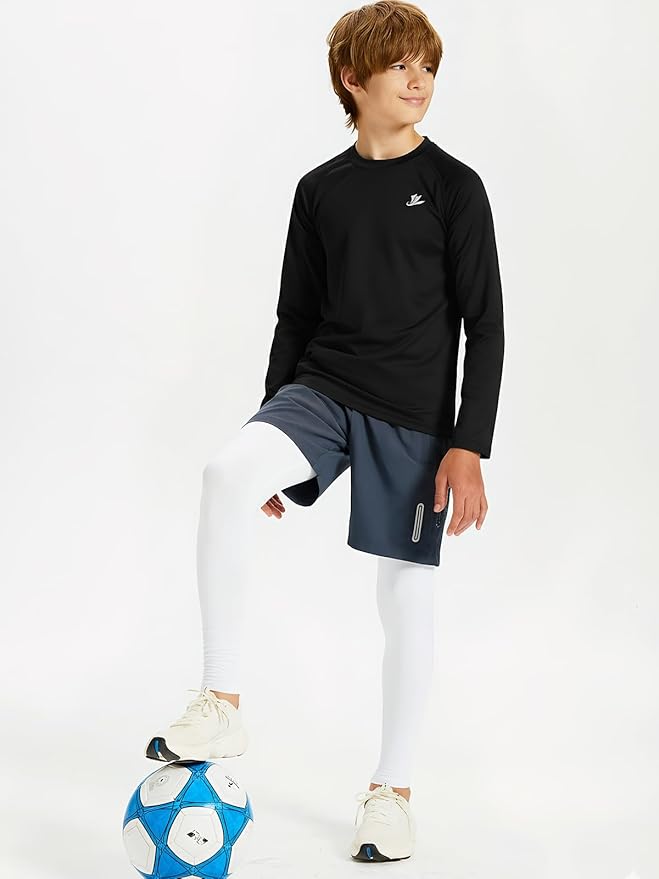 DEVOROPA Youth Boys Compression Shirt Long/Short Sleeve Football Baseball Undershirt Quick Dry Kids Sports Baselayer Crewneck