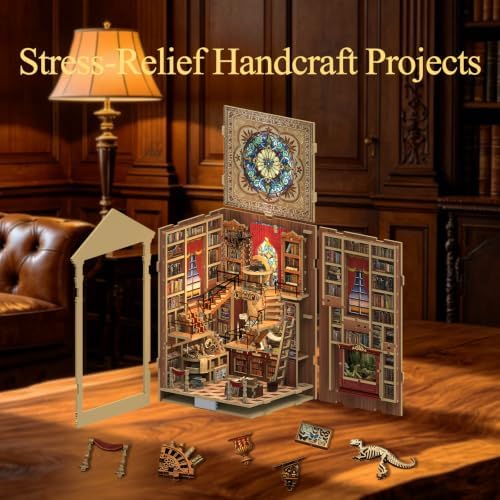 Book Nook Kit 3D Wooden Puzzle Miniature Library with Dust Cover