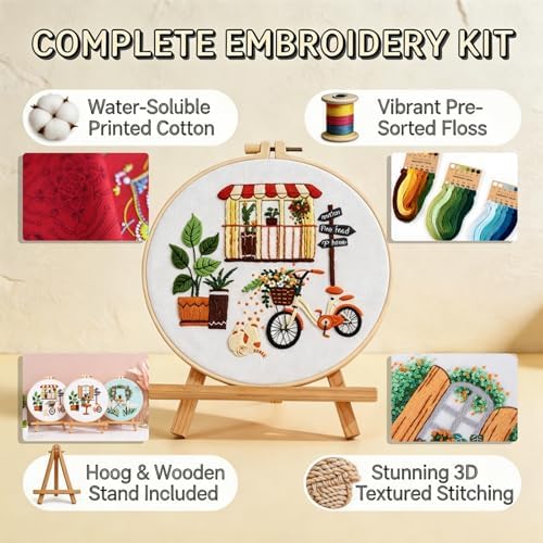 Qupace 3 Pcs Farmhouse Kits for Woman,Beginner Embroidery Kits for Adults,Garden Balcony Scene Pattern Cross Stitch, Green Themed Needlework Sewing Craft Kit