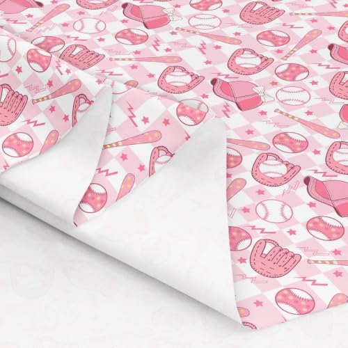 Pink Buffalo Plaid Bow Baseball Cap Upholstery Fabric for Chairs | Baseball Glove Bat Fabric by The Yard 181"x63", Ball Game Sports Competitive Games Stars Softball Sewing Fabric for Kids Gifts