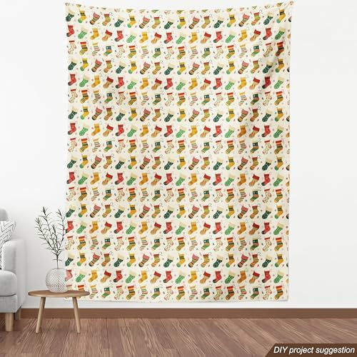 Lunarable Christmas Fabric by The Yard, Whimsical Colorful Xmas Stockings in a Row Falling Leaves Snowflakes, Decorative Fabric for Upholstery and Home Accents, 1 Yard, Cream Green Vermilion