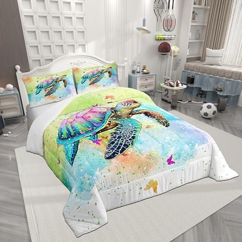 Castle Fairy Sea Turtle Comforter Set Full Size,Watercolor Tortoise Butterfly Bedding Set for Girls Teens Bedroom Present,Girly Dreaming Style Soft Chic Quilted Duvet with 2 Pillowcases