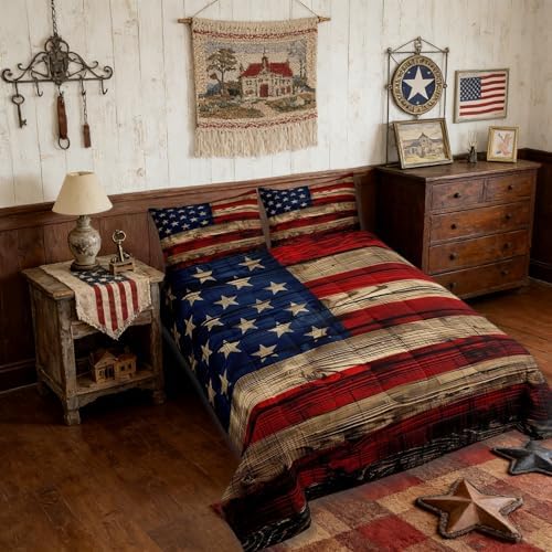 Castle Fairy American Flag Comforter Set Twin Size for Kids Boys, Wooden Planks Painted as USA Flag Patriotic Country Style, Room Decorative Quilt Set with 1 Pillow Sham, Ultra Soft