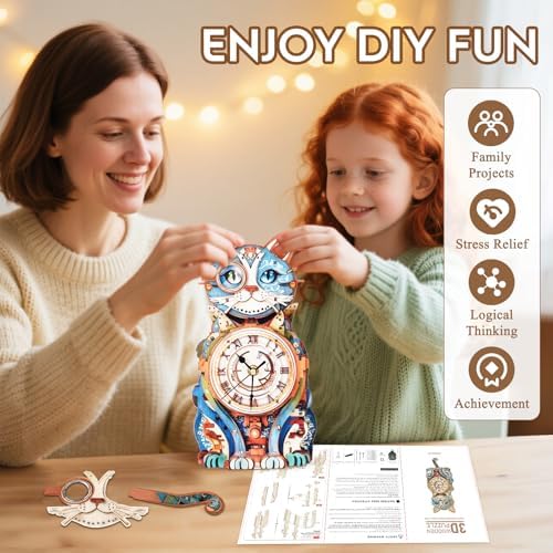 3D Puzzles for Adults Wooden DIY Cat Clock Puzzle Adult Crafts