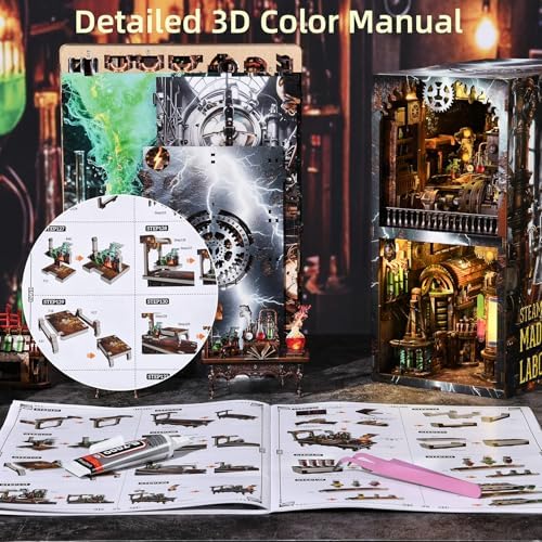 fifijoy Book Nook Kit, DIY Miniature Dollhouse Booknook Kit, 3D Wooden Puzzle Bookend Bookshelf Insert Decor with LED Light for Teens and Adults (Steampunk Mad Scientist Laboratory)