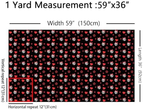 Cartoon Skull Fabric by The Yard,Halloween Skeletons Indoor Fabric,Red Hearts Stars Bowknot Soft Polyester No Stretch Fabrics Kids Girls Sewing Lovers,Black Red 3 Yards 108"x59"