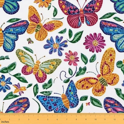 Watercolor Butterfly Upholstery Fabric for Chairs Boho Floral DIY Fabric by The Yard for Craft Lovers 362"x63", Rustic Aesthetic Animal Country Beetles Quilting Fabric