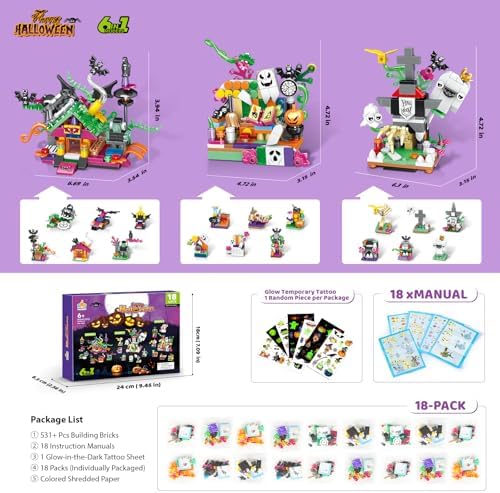 Halloween Building Blocks for Kids, 6-in-1 Toy Set, 18 Mini Packs, Ages 6+