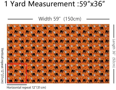 Cute Cat Fabric by The Yard Halloween Theme Soft Polyester No Stretch DIY Craft Bat Wild Animal Printed Fabrics Orange Stripes Scrapbooking Cloth,1 Yard,36" L x 59" W