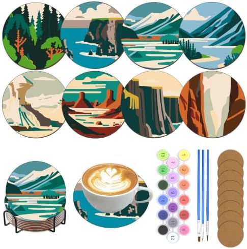 8 Pack Mountain Paint by Numbers Kits Coasters with Holder Cork Pads