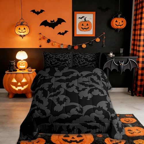 Castle Fairy Halloween Themed Comforter Set Twin Size,Black Bats Animal Print Bedding Set for Kids Boys Men,Dark Grey Color Quilted Duvet Set with 1 Pillowcase