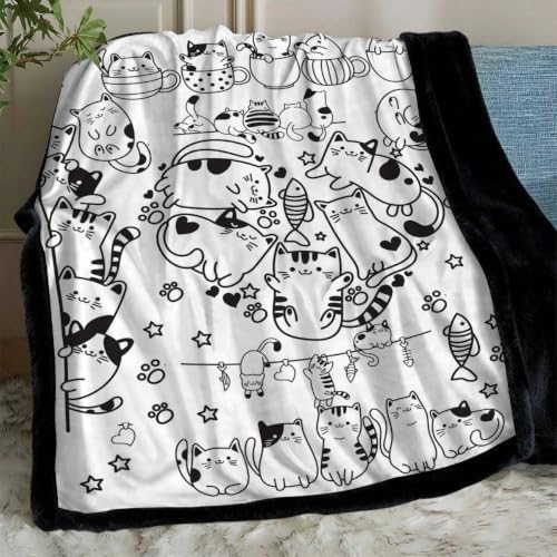 DIY Coloring Blanket for Kids, Cute Cat Doodle Fleece Throw Blanket with 24 Color Pens, Color Your Art Craft Kit, Plush Velvet Backing Gift for Girls Boys (Cats)