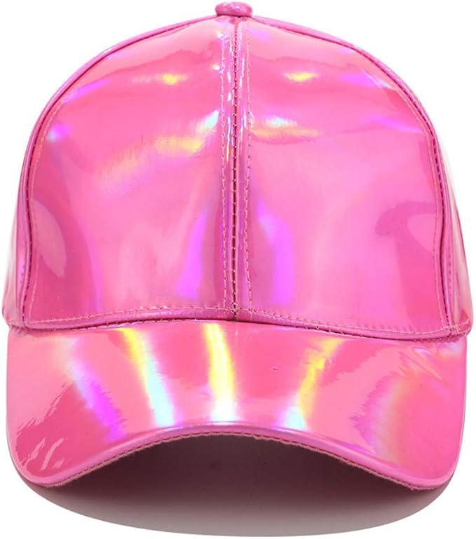 Women Men Faux Leather Baseball Cap Glitter Metallic Holographic Rainbow Reflective Hip Hop Adjustable Strapback Peaked Hat Silver