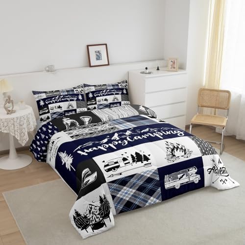 Castle Fairy Happy Camping Comforter Set Twin Size,RV Camper Adventure Tent Patchwork Bedding Set for Kids Boys Men,Farm Lake Cabin Arrow Hunt Blue Check Quilted Duvet Set with 1 Pillowcase