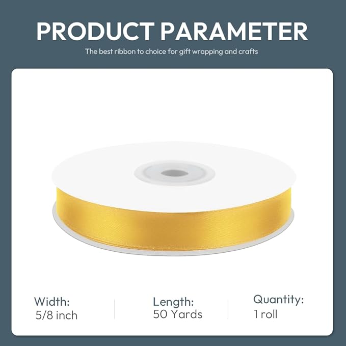 KMER LIFE 5/8" Wide x 50 Yards Yellow Single Faced Polyester Satin Ribbon - Image 2