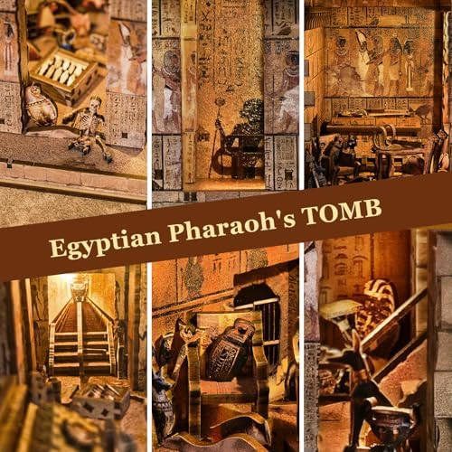 fifijoy Book Nook Kit - Egyptian Pharaohs Tomb DIY Miniature House Kit for Adults and Teens, Dollhouse BookNook Tiny House, Bookshelf Decor 3D Wooden Puzzle, Unique Gifts for Family and Friends