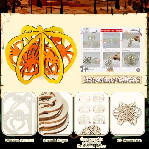 Yalikop 72 Pcs Halloween Kids Wood Crafts, 4.7 x 4 in, Bats and Spiders