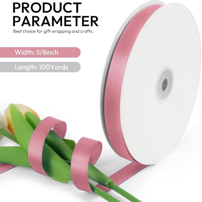 5/8 Inch 100 Yards Satin Ribbon Dusty Pink, Solid Color Fabric Ribbon - Image 2