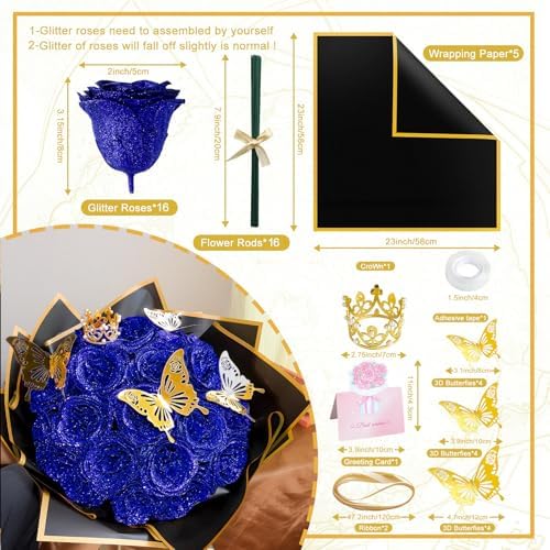 Blue Glitter Rose Bouquets, Fake Roses Bouquet 16 Pcs DIY Glitter Rose Bouquet Kits Birthday Gifts for Women Mom Mother's Day Anniversary Graduation