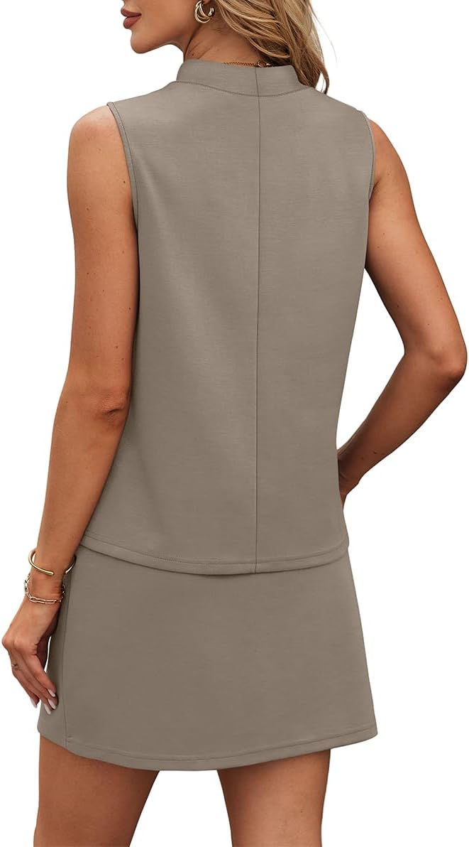 XIEERDUO Two Piece Skirt Sets for Women Summer Beach Vacation Resort Cruise Outfits Mock Neck Tops Tennis Skirt Sets