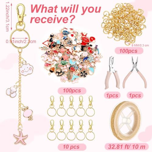 VioraWhite 213 Pcs Keychain Making Kit Bag Charm Kit Stylish Lip Gloss Keychain Making 100 Pink Enamel Charms 32.81 ft Gold Chains for DIY Crafts Women