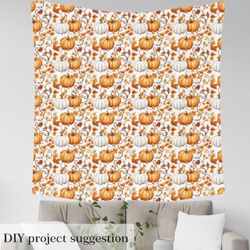 Watercolor Pumpkin Fabric by The Yard Autumn Maple Leaves Plants Fabrics for Sewing Lovers Fall Harvest Rustic Style Fabric DIY Soft Polyester No Stretch 2 Yards,72" L x 59" W