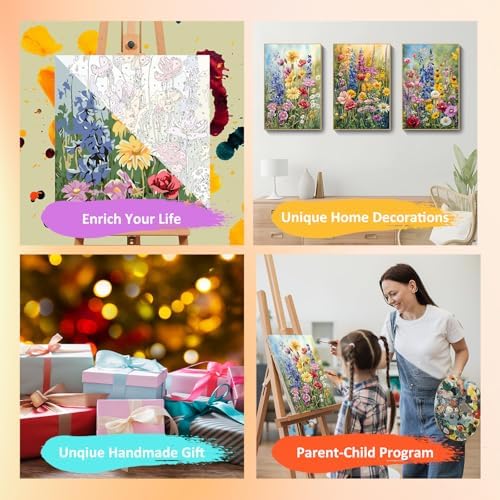 Mandun Wild Flowers Paint by Numbers Kit for Adults, 3 Pack, 7.8x11.8 inch