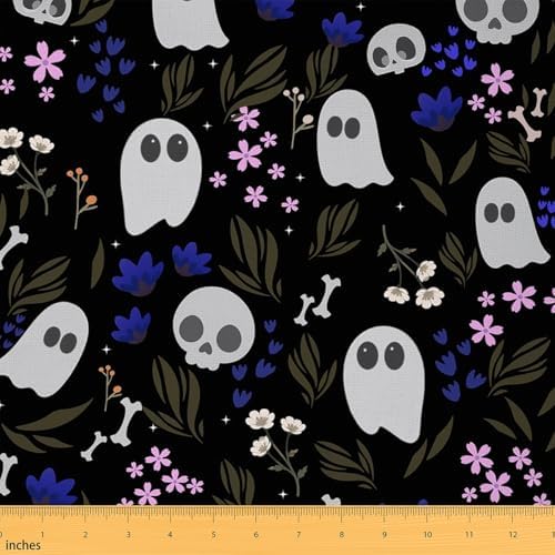 Feelyou Halloween Theme Soft Flannel Fabric by The Yard 1 Yard Kids Cute Ghost Sugar Skull Upholstery Fabric for Boys Girls Teens Kawaii Bone Flower Floral for Home DIY Projects, Indoor Decor