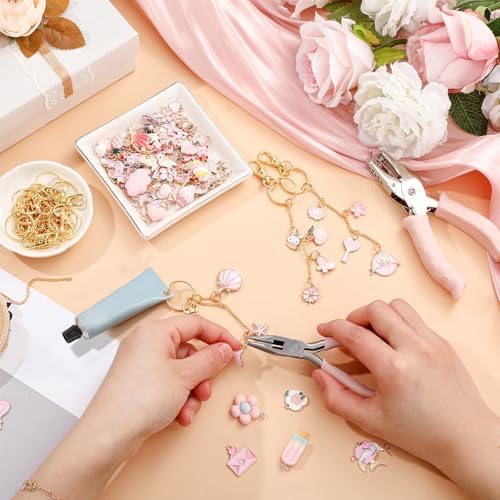 VioraWhite 213 Pcs Keychain Making Kit Bag Charm Kit Lip Gloss Key Chain 100 Pink Enamel Charms 32.81 ft Gold Chains for Galentines DIY Crafts Women(Elegant)