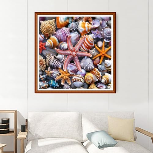 Joyhoor Stamped Cross Stitch Kits for Beginners Needlepoint Kits for Adults Embroidery Kits 11CT Counted Cross Stitch Kits Printed Embroidery Pattern-Beach Starfish Conch 18x18 inchs